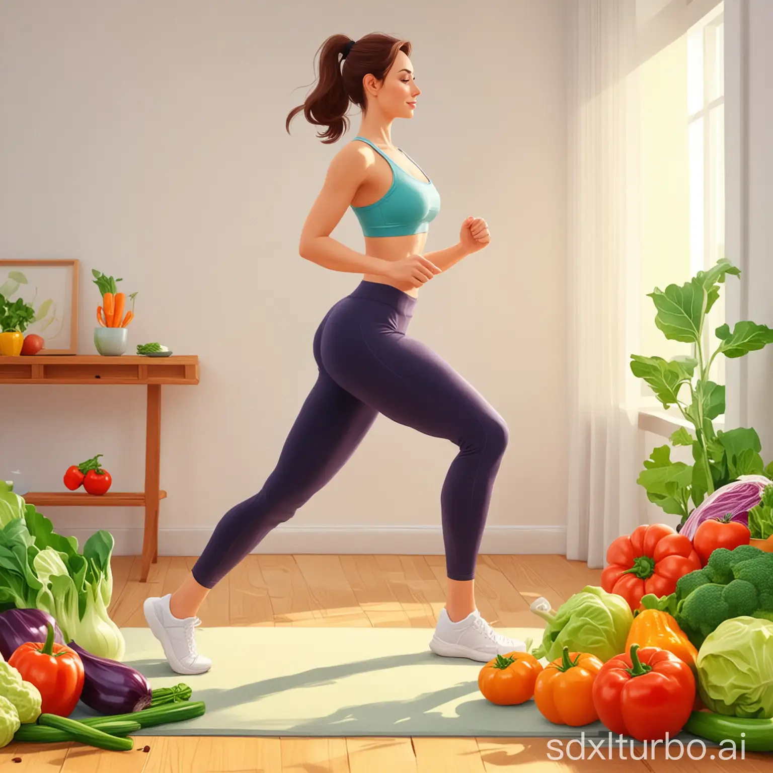 cartoon illustration of a woman doing exercises, and vegetables in background details, illustration abstract