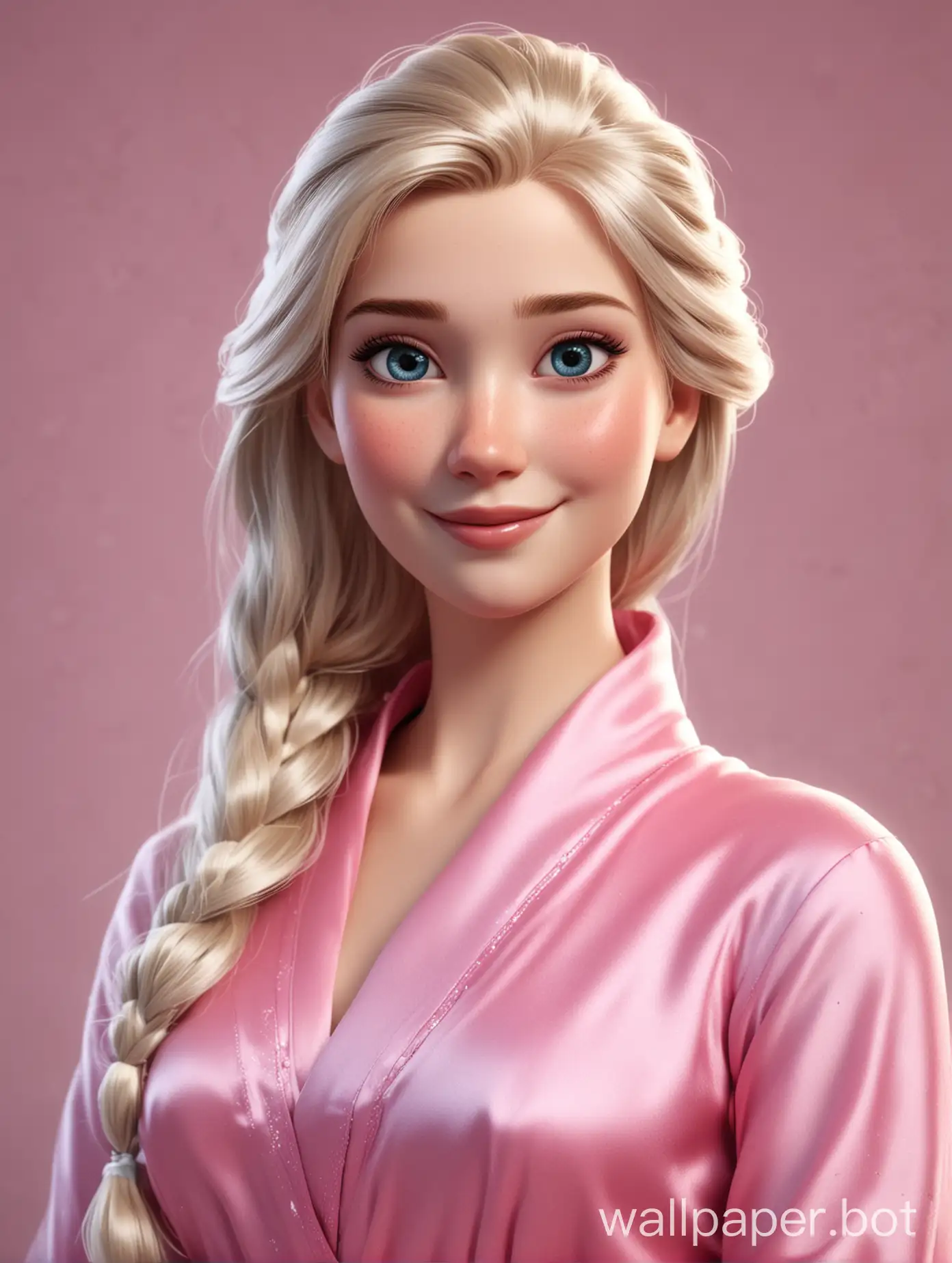 Реалистичная Эльза с длинными прямыми волосами в розовом шелковом халате улыбается