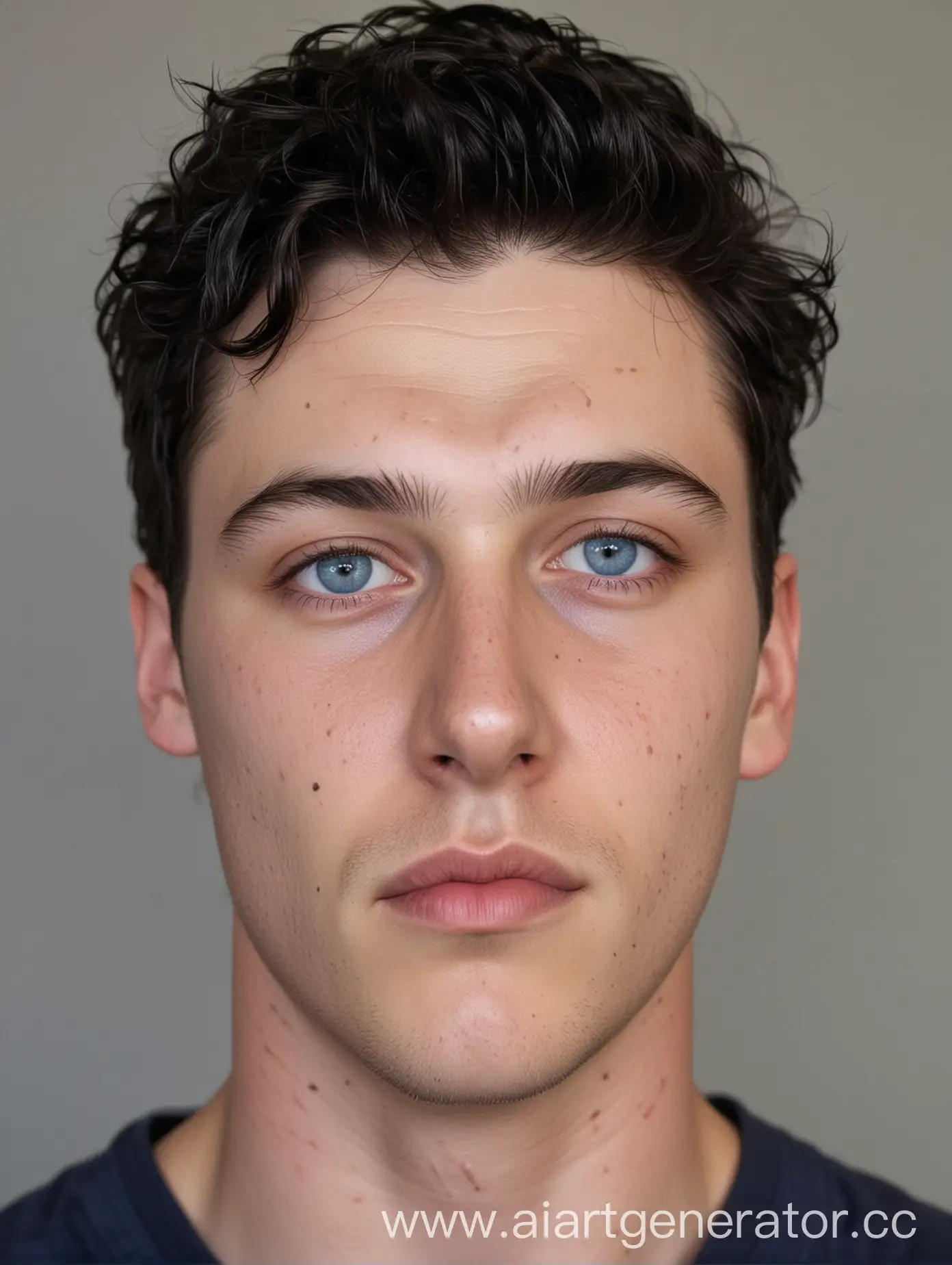 He is a white male, Scandinavian in appearance, with black hair, not very thick rounded eyebrows, dark blue eyes. He also has a scarred vertical scar on his chin. His hair is slightly curly, short and slicked back.