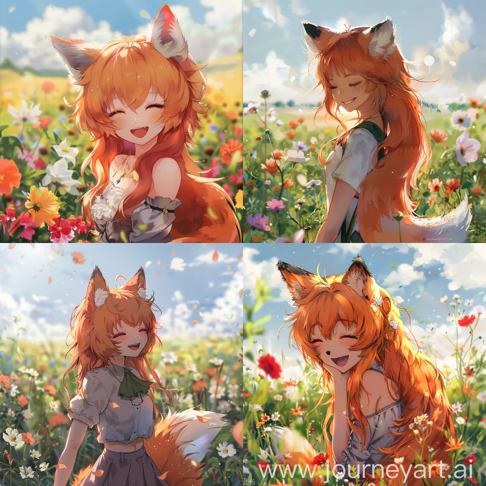 fox girl, fluffy fox tail, fluffy hair, cute face, happy, closed mouth, flower field, morning, anime style