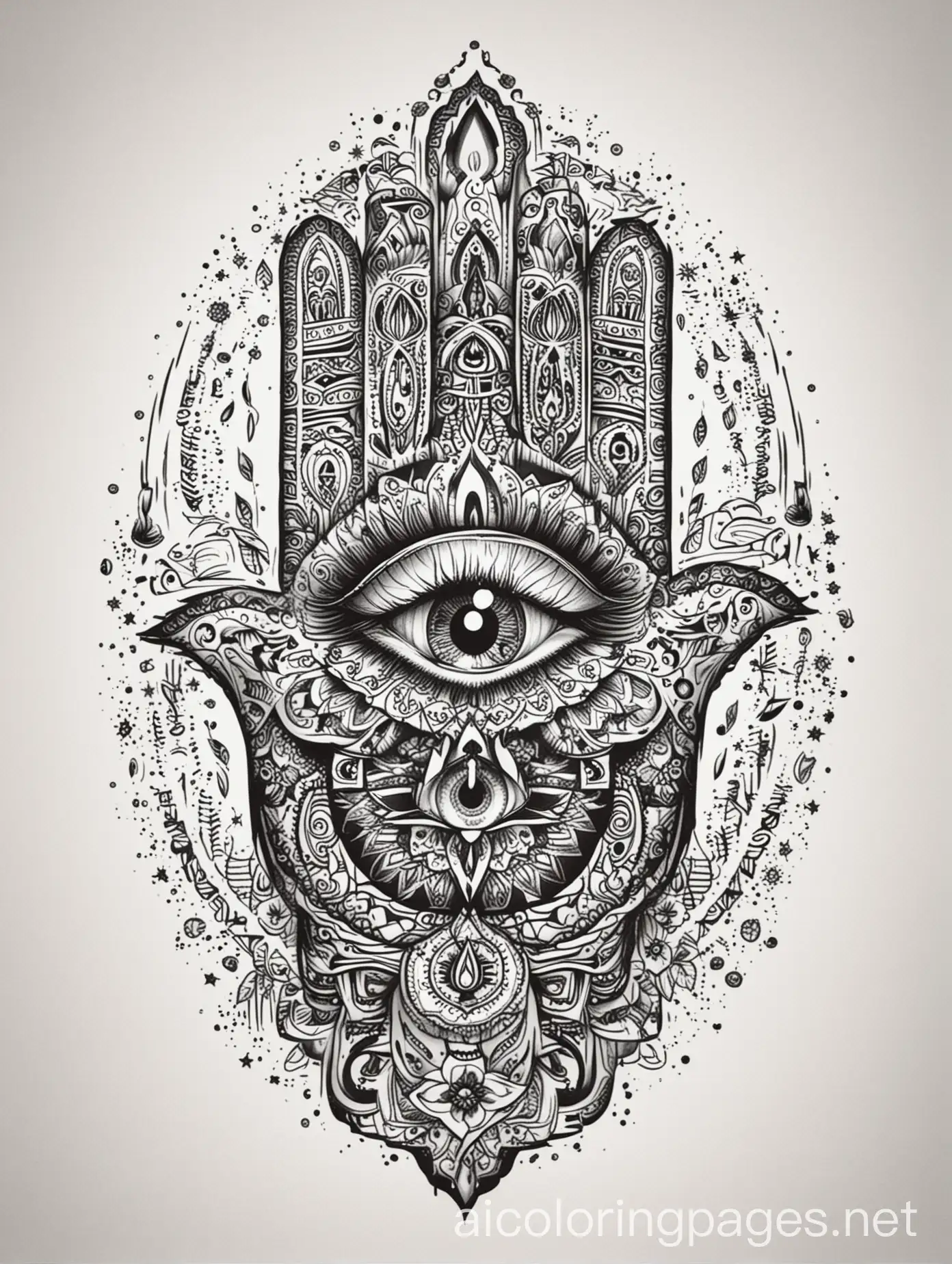 human Hamsa hand, covered in tattoos with light emanating from eye, Coloring Page, black and white, line art, white background, Simplicity, Ample White Space. The background of the coloring page is plain white to make it easy for young children to color within the lines. The outlines of all the subjects are easy to distinguish, making it simple for kids to color without too much difficulty