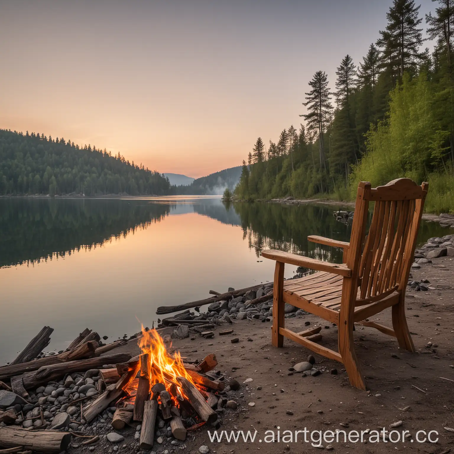 Wooden-Chair-by-Lakeside-Campfire-in-Forest-Setting