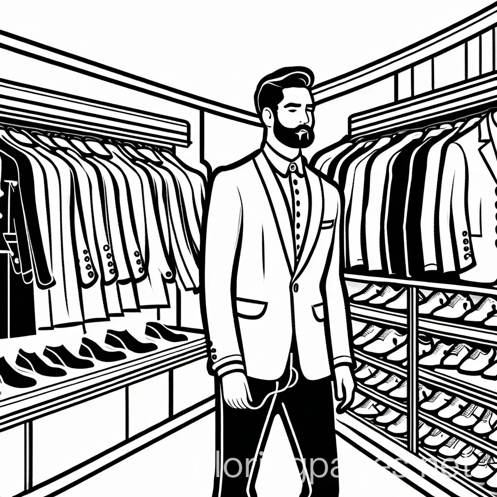 men in clothing shop, very simple, Coloring Page, black and white, line art, white background, Simplicity, Ample White Space. The background of the coloring page is plain white to make it easy for young children to color within the lines. The outlines of all the subjects are easy to distinguish, making it simple for kids to color without too much difficulty