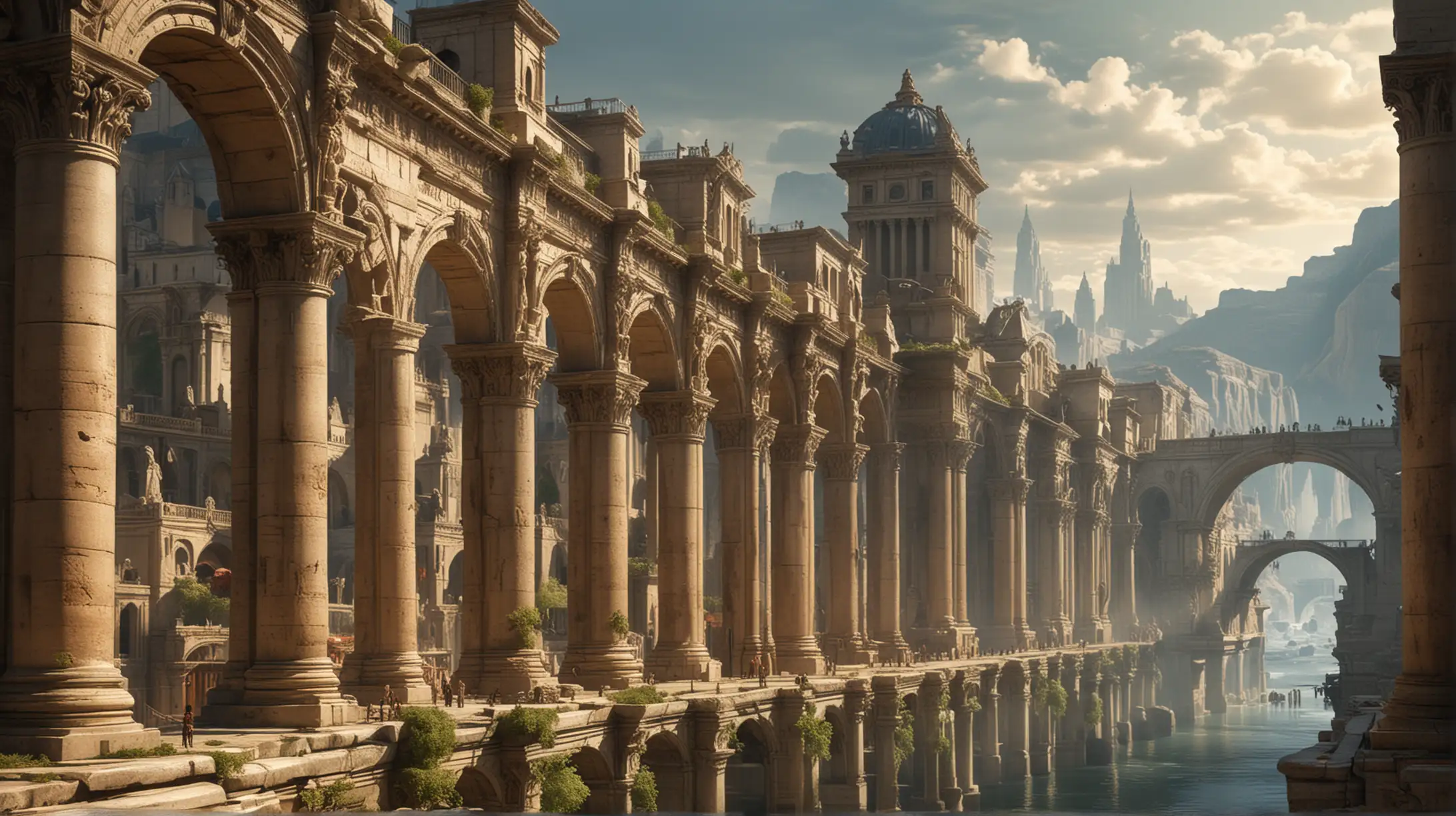 Majestic polychromous Roman city made more extravagant for a hgih fantasy setting. From street level Colonnades.

In focus: Grand central citdael, on a river island.
Enormous Temples in around the city. 
Arching columned bridges overhead.

A single mountain range in the distance.