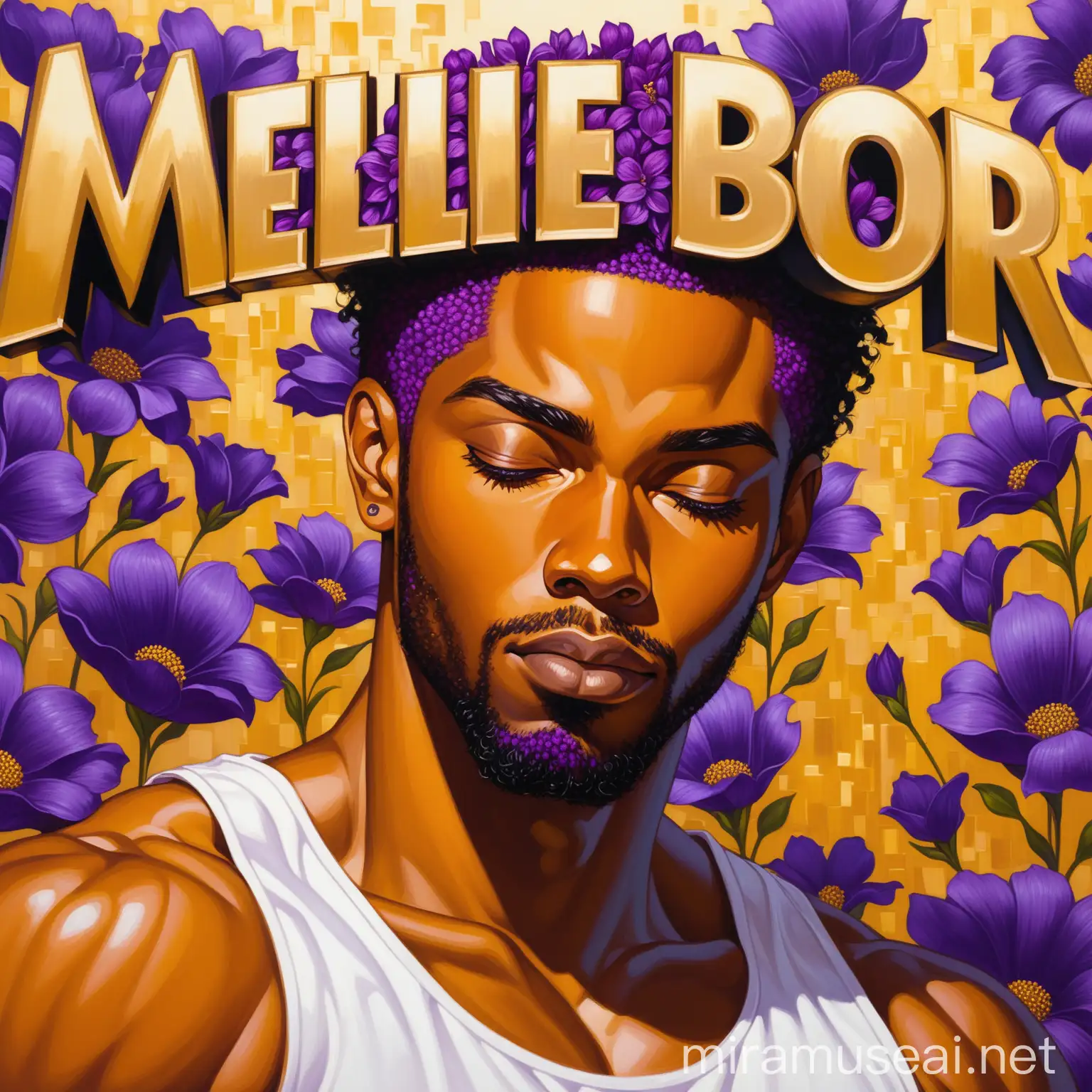 Create an oil painting image of a black man wearing a white sleeveless shirt, purple hip pants, he is looking down with Prominent makeup. Neatly detailed haircut, ginger hair . Background of large purple, gold flowers, the word Mellie BIOR written over his head on gold