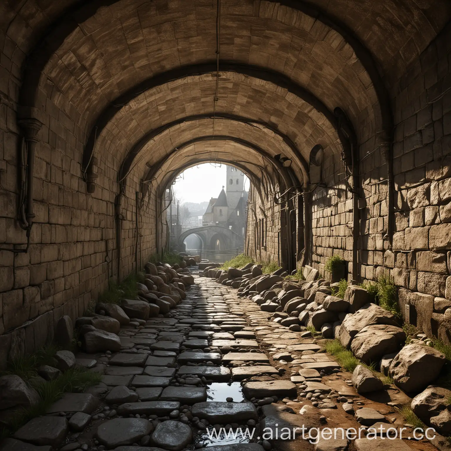 Medieval-Fantasy-Sewer-with-Grate-Revealing-Winter-City-Beyond