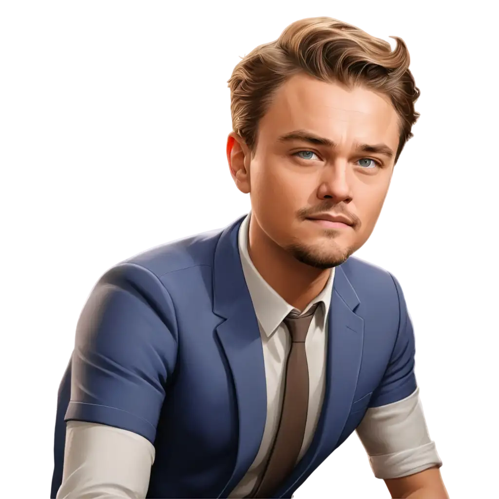 Generate image of leonardo dicaprio a semi-realistic cartoon character with intricate details, blending elements of realism with a cartoon aesthetic