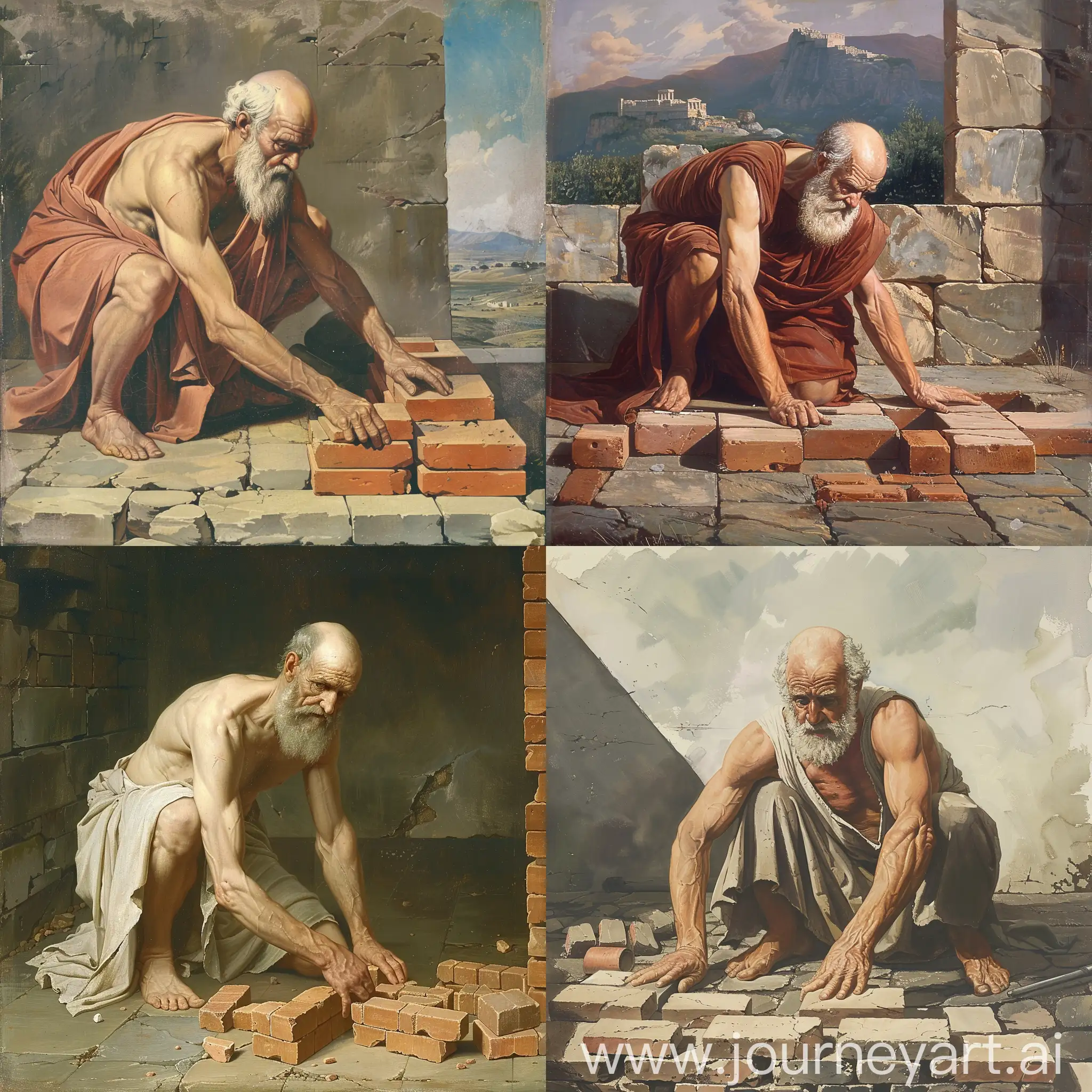 Ancient greek philosopher laying bricks