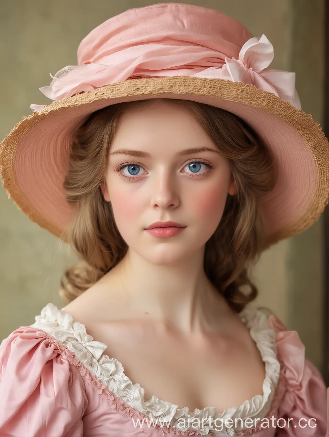 19 век, Бледная кожа, голубые глаза, светло-русые волосы, розовое платье 19 века и шляпа 19 века