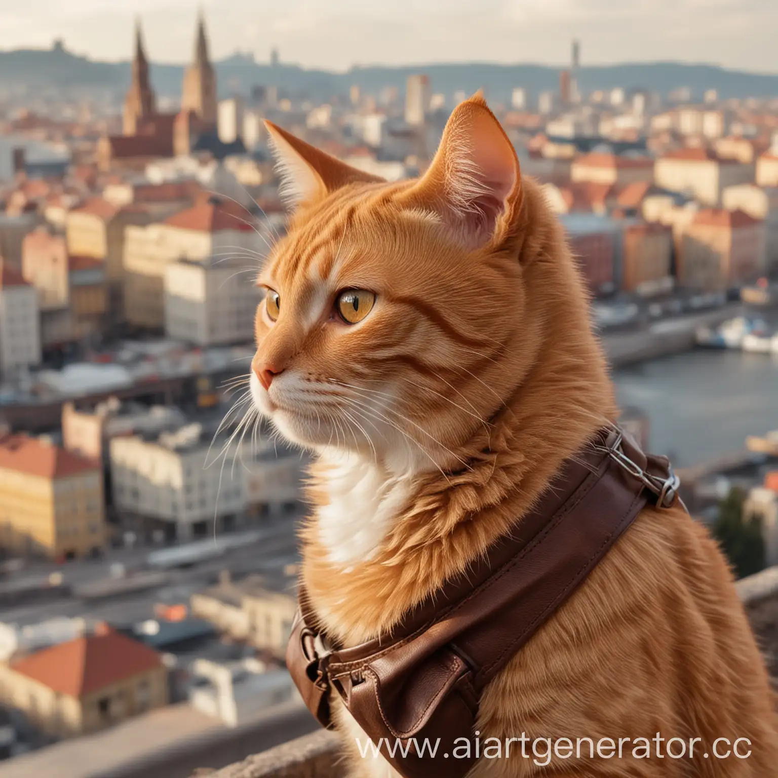 Рыжий кот с коричневым мешочком на шее смотрит в даль города

