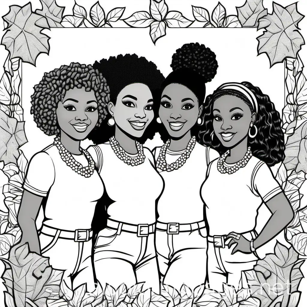 Color page of sisterhood of black college sorority with needlepoint English Ivy in background . Black Women different body types age 25-60 wearing pearls, giving food to children as community service , Coloring Page, black and white, line art, white background, Simplicity, Ample White Space. The background of the coloring page is plain white to make it easy for young children to color within the lines. The outlines of all the subjects are easy to distinguish, making it simple for kids to color without too much difficulty