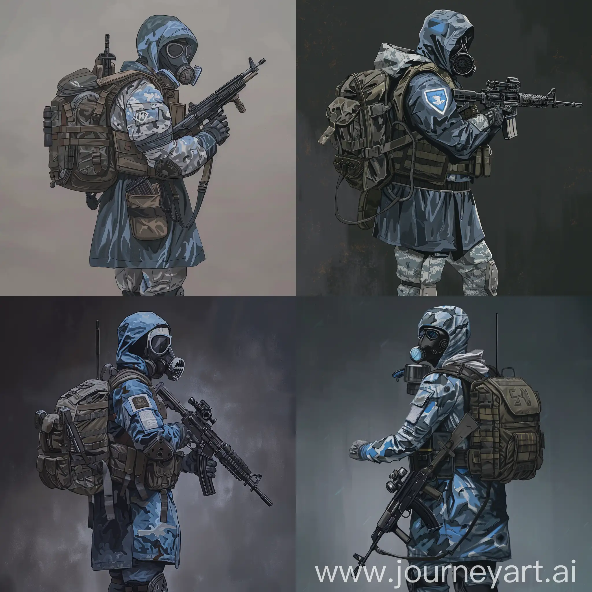 Digital art character  mercenary from the universe of S.T.A.L.K.E.R., dressed in a dark blue military raincoat, gray military armor on his body, a gasmask on his face, a military backpack on his back, a rifle in his hands.