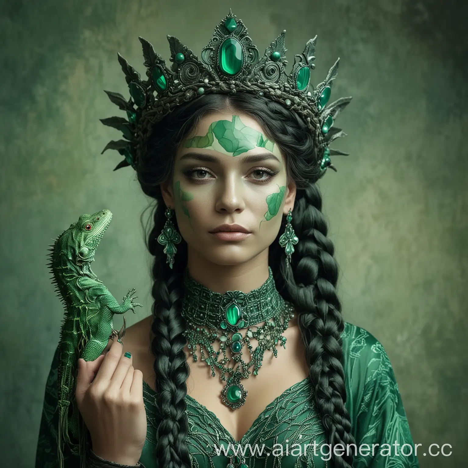 Elegant-Malachite-Queen-Holding-a-Lizard-Enchanting-Portrait-in-Green-Tones