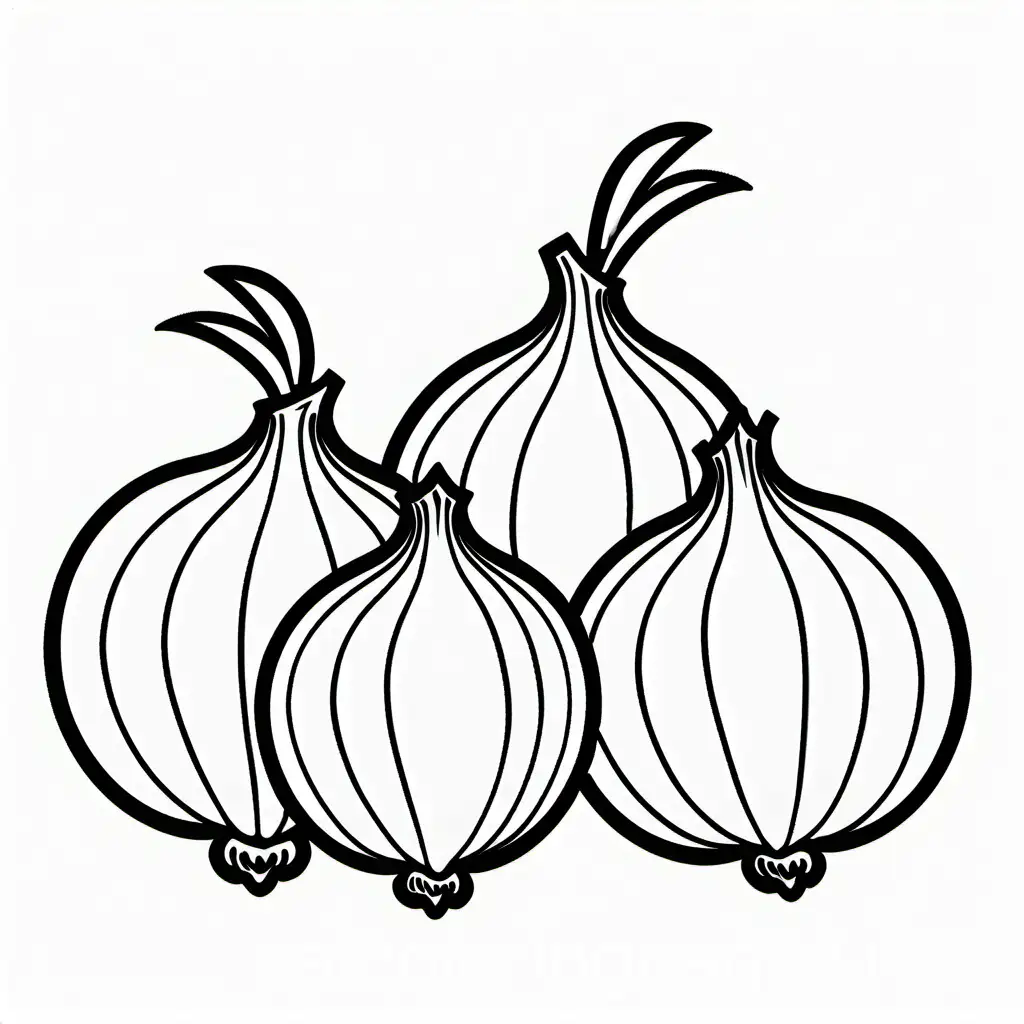 Onions , Coloring Page, black and white, line art, white background, Simplicity, Ample White Space. The background of the coloring page is plain white to make it easy for young children to color within the lines. The outlines of all the subjects are easy to distinguish, making it simple for kids to color without too much difficulty