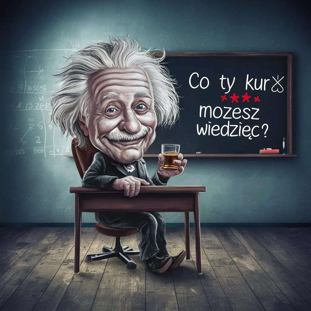 a logo design,with the text 'SMIECIU', main symbol:a haunted caricature of Albert Einstein sitting behind a desk with a glass of whiskey in his hand in a dingy mathematics classroom, in the background there is an inscription in Polish on the blackboard: 'What the f**k can you know', 'SMIECIU'