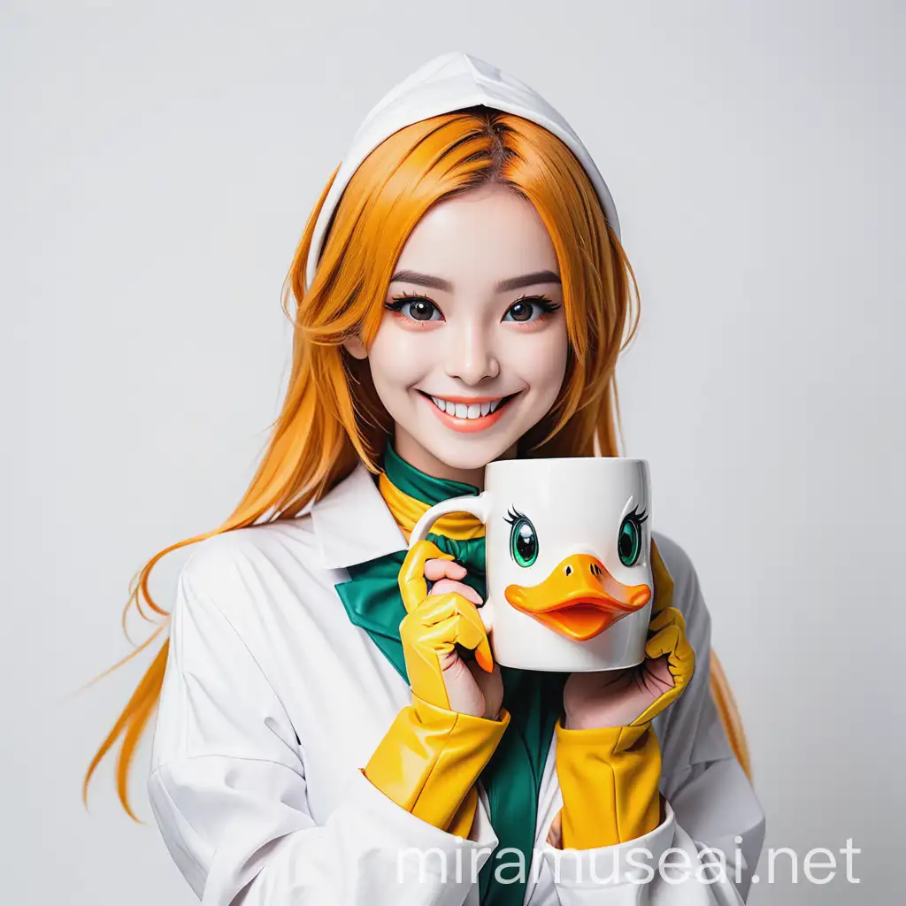Smiling Duck Cosplay Girl with Square White Mug on White Background