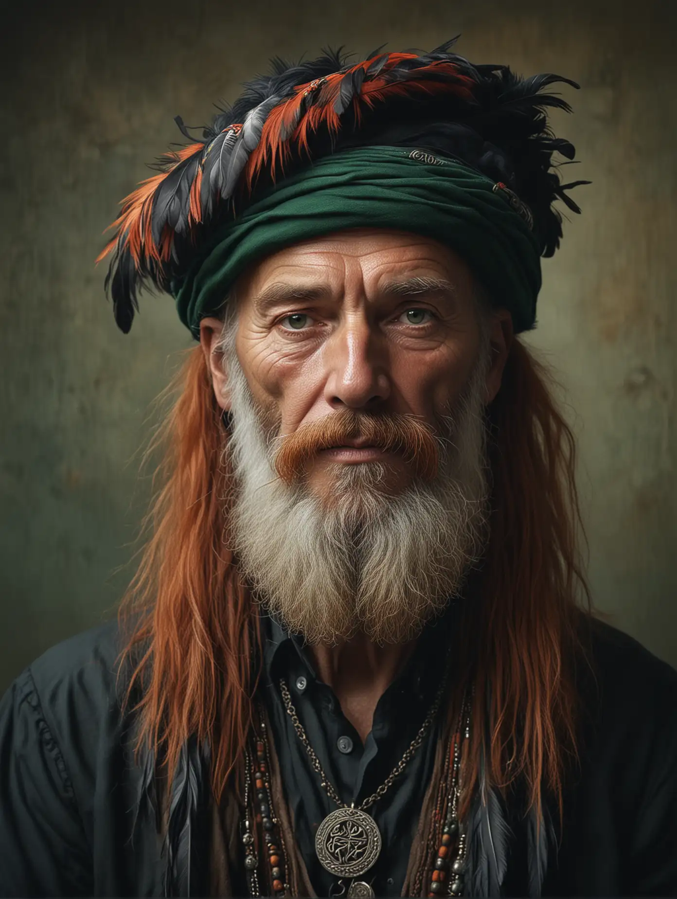 Johnnie Faa of Dunbar, Will Faa, "King of the Gypsies", 100 years of solitude, very old, proud, Scottish gypsy, with a long red beard and a dark green hat, black feathers, black clothes, tribal, celtic, necklaces,  a hyperrealistic painting inspired by Lee Jeffries, ZBrush Central Contest winner, hyperrealism, Steven McCurry portrait, photography Alexey Gurylev, Alessio Albi
