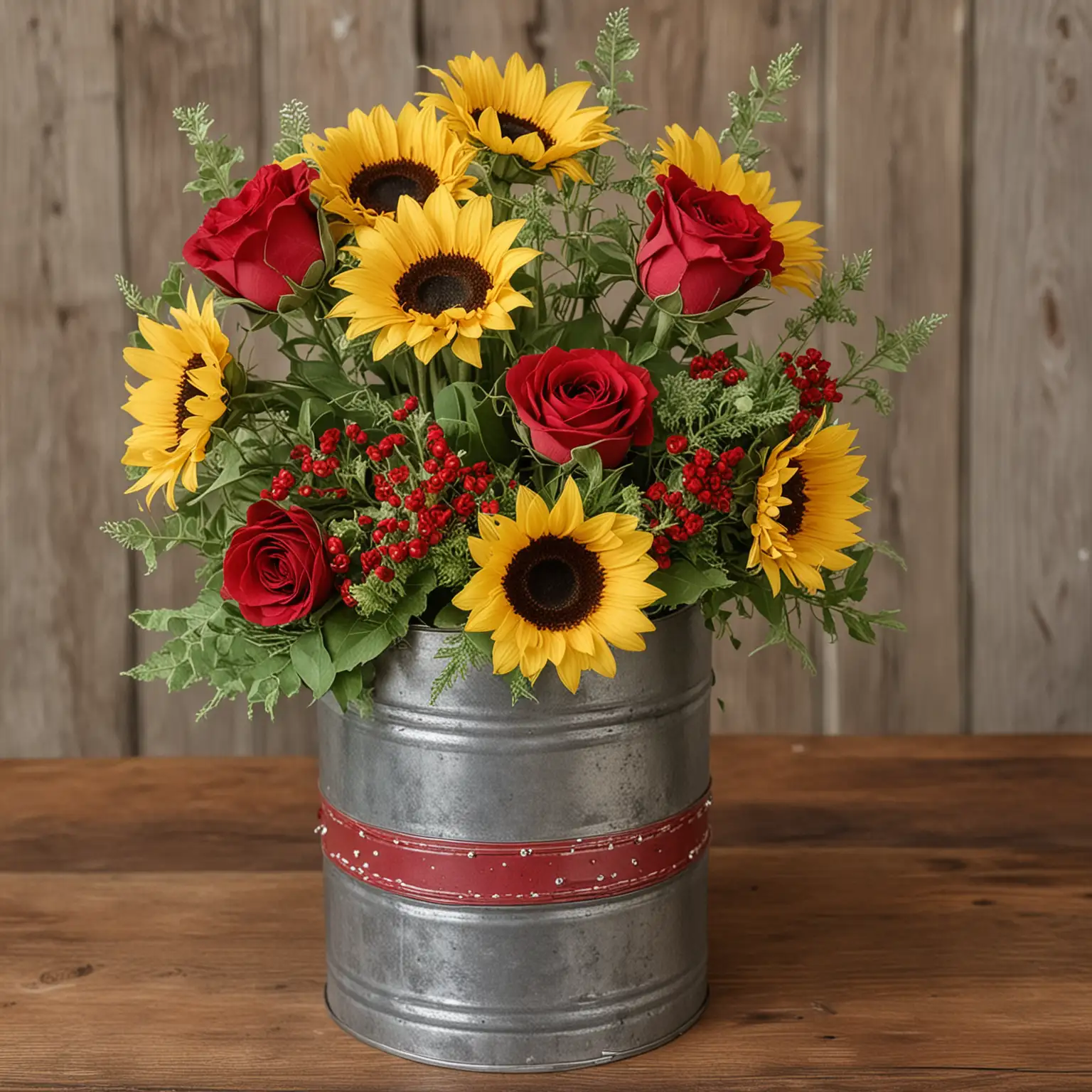 a simple rustic centerpiece with sunflowers and red roses in tin can vase decorated with rustic embellishments