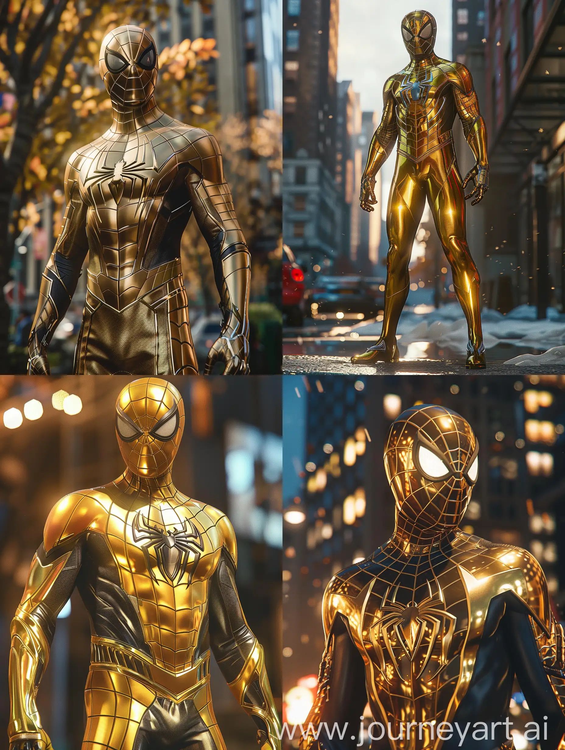spiderman costume for the ps4 game, full body, inspired by detecive aesthetic, golden suit, 4k, high detailed
