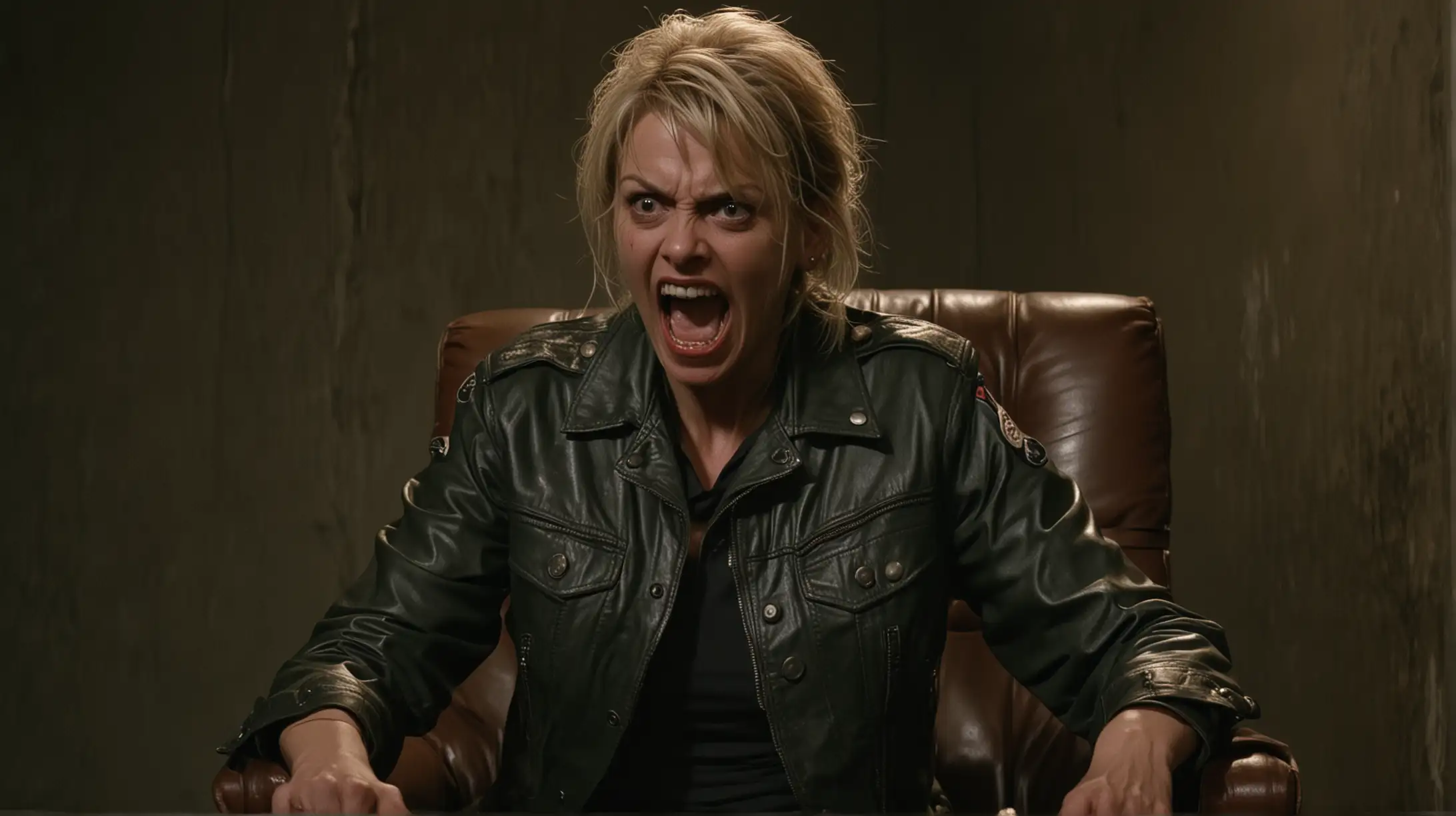 evil high ranking military woman, 55 yo, blonde, scar on face, military jacket, psycho smile, angry, mad, furious, crazy eyes, seated in leather chair, empty dark room, night, 70s crime movie style, super panavision 70