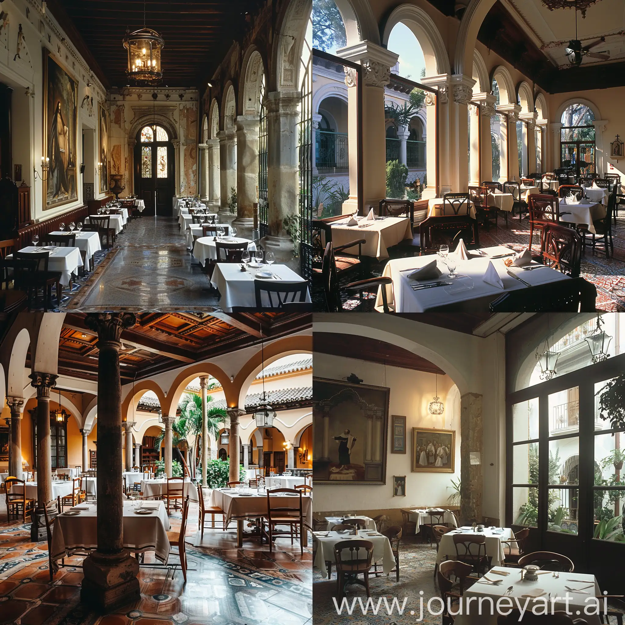 Modest-Spanish-Hotel-Dining-Room-with-Somber-Colors-Overlooking-Patio