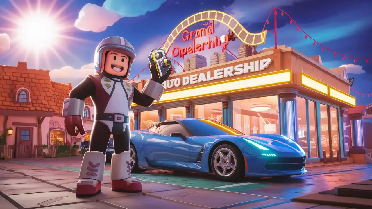 Roblox. 3d cartoon. Персонаж в костюме стоит рядом с автосалоном. Происходит грандиозное открытие автосалона. На фоне уютный город и яркое голубое небо. Счастливая атмосфера