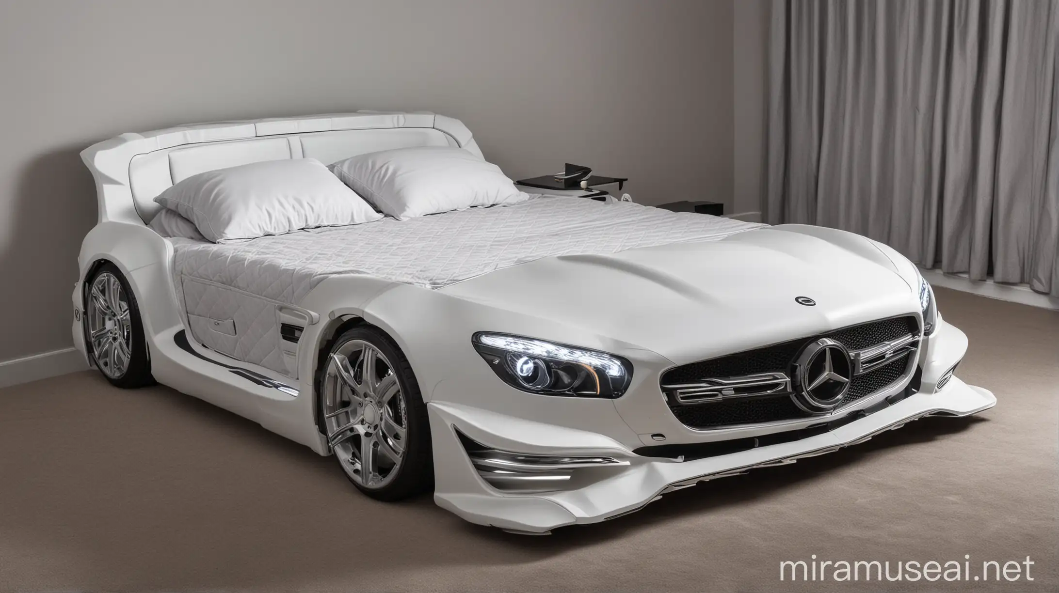 Double bed in the shape of a Mercedes amg car with headlights on