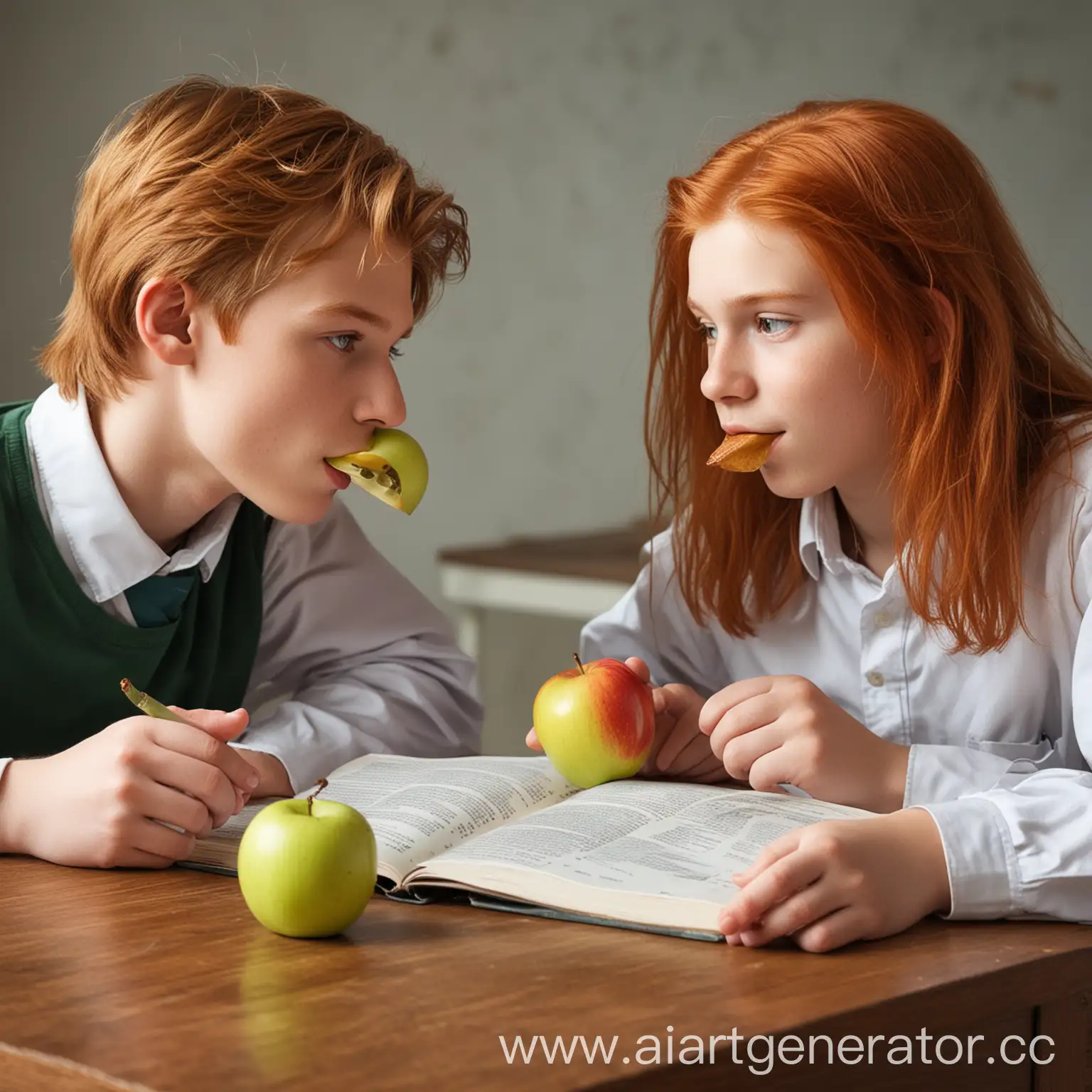 два подростка мальчика, один мальчик со светлыми волосами, другой рыжий с длинными волосами и  второй ест яблоко,  они вместе сидят за столом с учебником химии