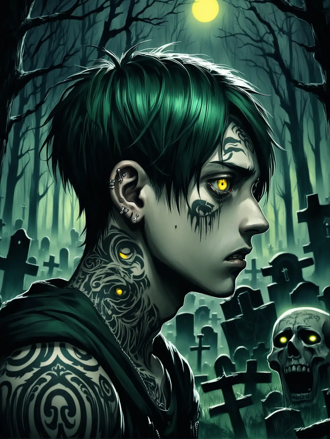 Парень с темно зелеными волосами, жёлтыми глазами, татуировки, портрет, темные круги под глазами, уставший взгляд, испуган, пирсинг, профиль, взгляд направлен на зрителя, фон кладбище в ночном лесу