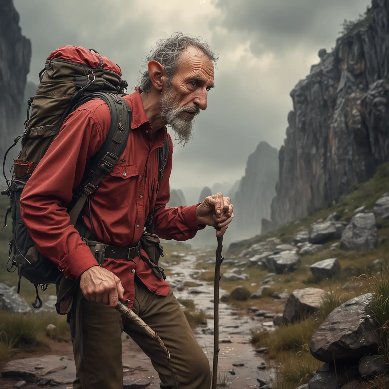 a middle-aged rock elf tinkerer with stubble and pointy ears, limping with a cane with a backpacking bag, wearing an ancient faded red shirt, limping on a dawn stormy day. 