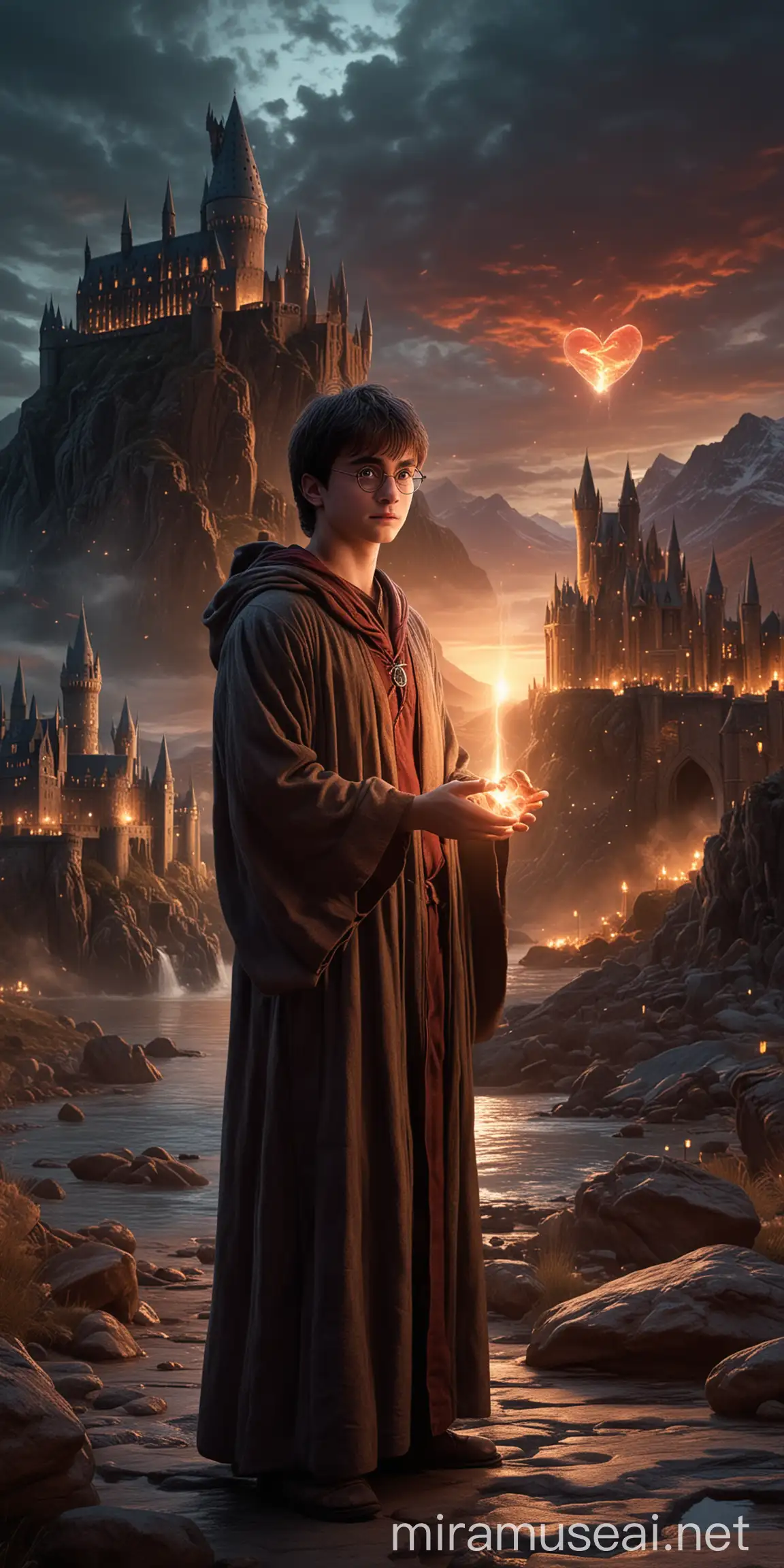 The Harry Potter character stands in a robe from Game of Thrones and holds a glowing heart in one hand. The background of the image is a mythical kingdom from “Game of Thrones” with elements of the House of the Dragon. This setting enhances the mystical atmosphere, combining ancient architecture and dramatic landscapes., Rocky mountains, dragon falls and ancient ruins are shrouded in a magical twilight glow.