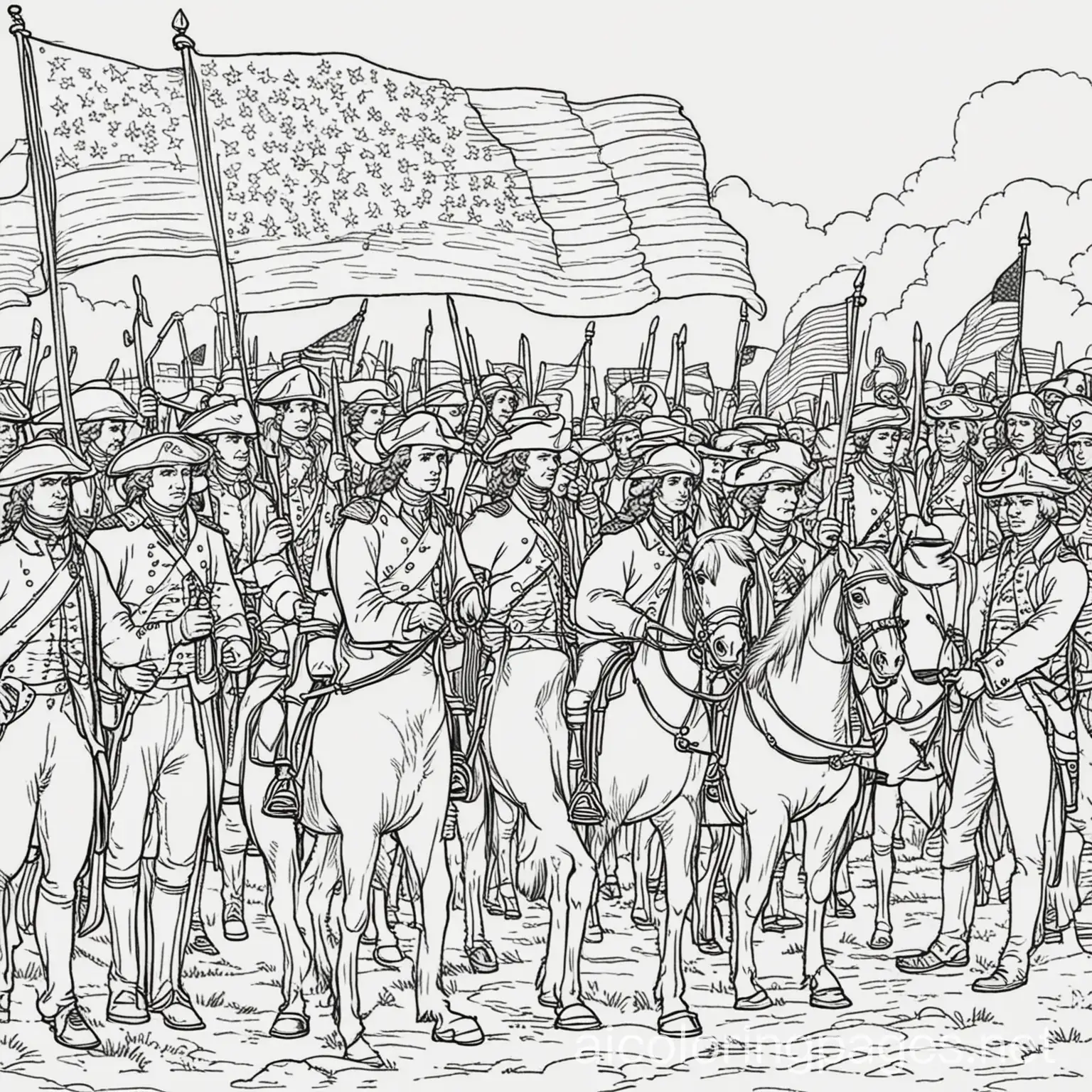 american revolution, Coloring Page, black and white, line art, white background, Simplicity, Ample White Space. The background of the coloring page is plain white to make it easy for young children to color within the lines. The outlines of all the subjects are easy to distinguish, making it simple for kids to color without too much difficulty