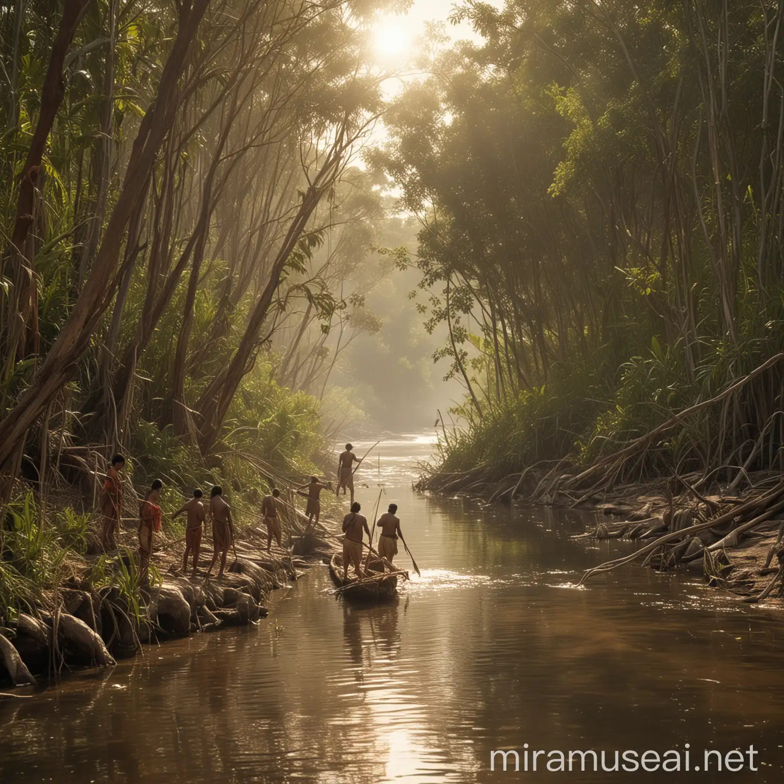 Aboriginal Comechingones People Fishing in Calm River at Sunrise