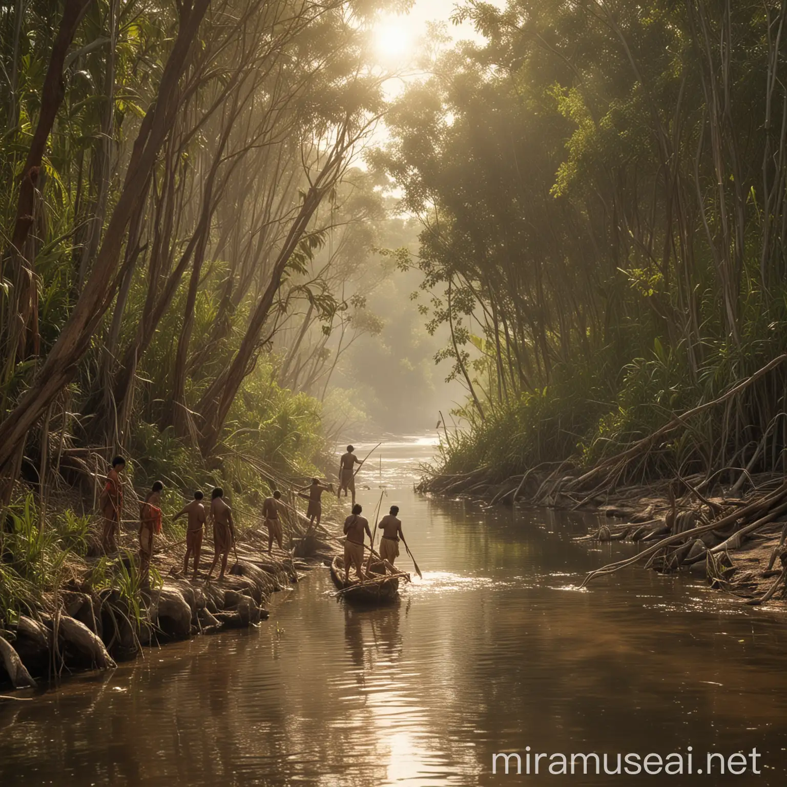 Una escena realista de aborígenes comechingones pescando en un río. Los hombres están usando taparrabos hechos de fibras vegetales y cuero. Algunos están en la orilla del río con lanzas de pesca, mientras que otros están en una balsa rudimentaria hecha de troncos, usando redes tejidas a mano. El río tiene aguas claras y tranquilas, con vegetación autóctona alrededor, incluyendo árboles y arbustos. Es temprano en la mañana, con el sol comenzando a elevarse y aves volando cerca del agua.