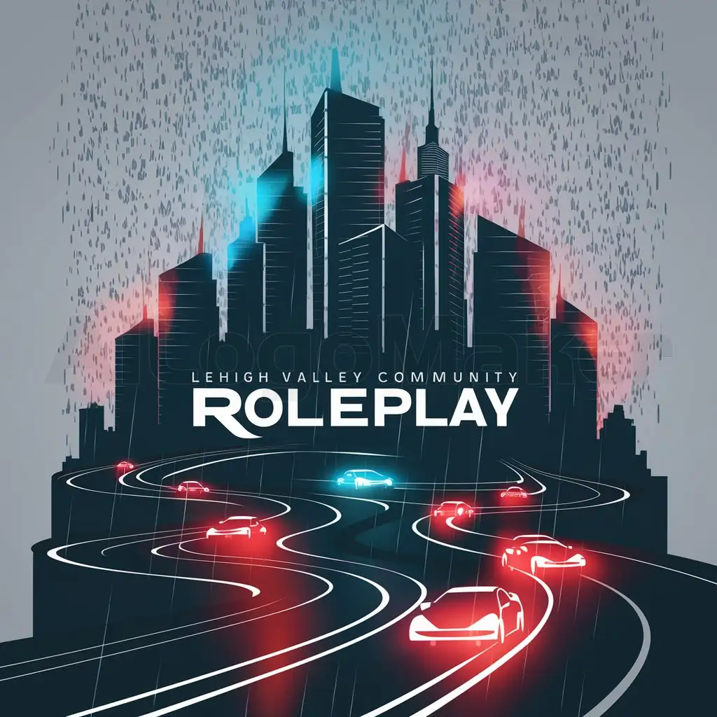 a logo design,with the text "Lehigh Valley Community RolePlay", main symbol:skycrapers with cars on roads flashing red and blue lights with rain pouring down from the sky,Moderate,clear background