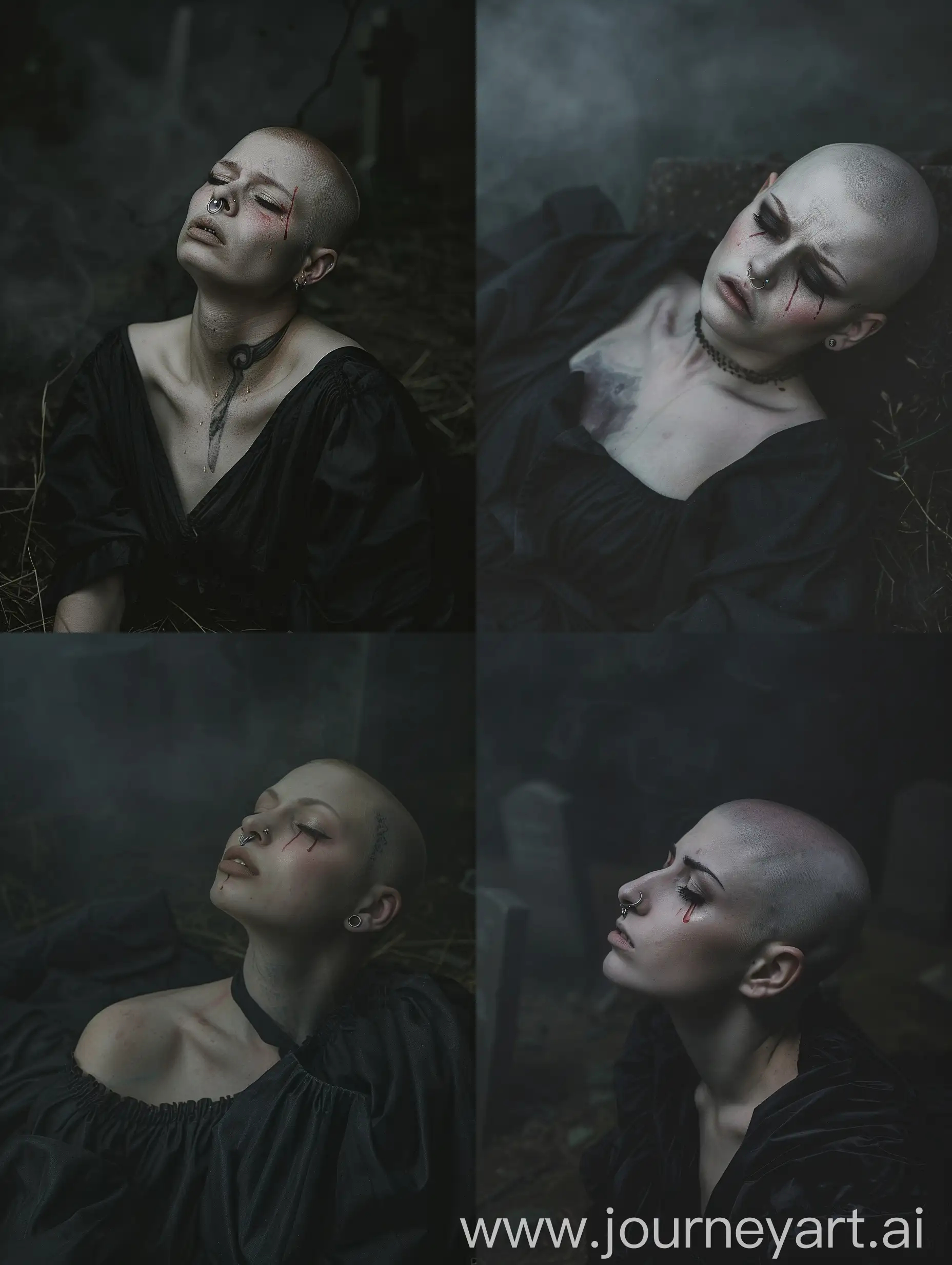Dark photography of a woman with nose ring, she is laying down at dark graveyard, she has no eyebrows, pale skin, wearing black baggy dress, crying, crimson color tears, foggy, dramatic lighting