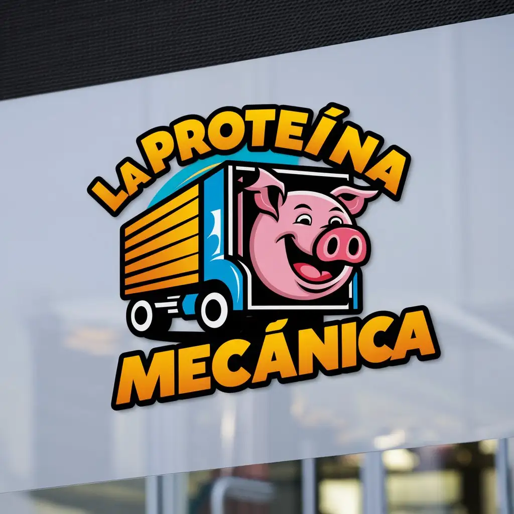 a logo design,with the text "La Proteína Mecanica", main symbol:Logo  La Cabeza de un Cerdito   Saliendo por la Venta de una  Camión de Carga  , que todo sea vibrante and colorful,Moderate,clear background