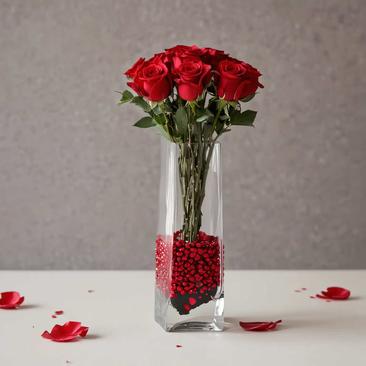 small and simple DIY modern wedding centerpiece with red roses and a modern, sleek, stylish, edgy sparkling vase