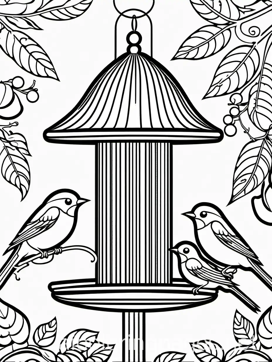 birds on feeder, adult coloring page, realistic, thin lines, ample white space, Coloring Page, black and white, line art, white background, Simplicity, Ample White Space. The background of the coloring page is plain white to make it easy for young children to color within the lines. The outlines of all the subjects are easy to distinguish, making it simple for kids to color without too much difficulty
