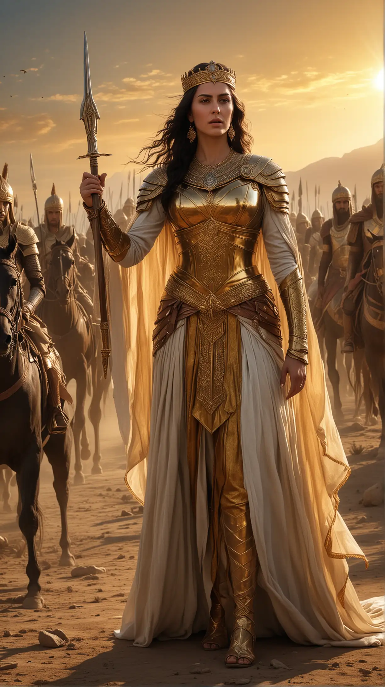 Create an image capturing the legendary Queen Tomyris standing proudly on the battlefield, surrounded by her fierce army of Massagetae warriors. Tomyris, depicted in regal attire, exudes strength and wisdom as she gazes confidently towards the horizon. Her hand gestures assertively, symbolizing her determination to defend her kingdom against the Persian invaders. Behind her, the sun sets, casting a golden glow over the scene, highlighting the epic nature of her legendary battle against Cyrus the Great. Show the essence of her power, bravery, and leadership, immortalizing her as a symbol of female empowerment in history. hyper realistic