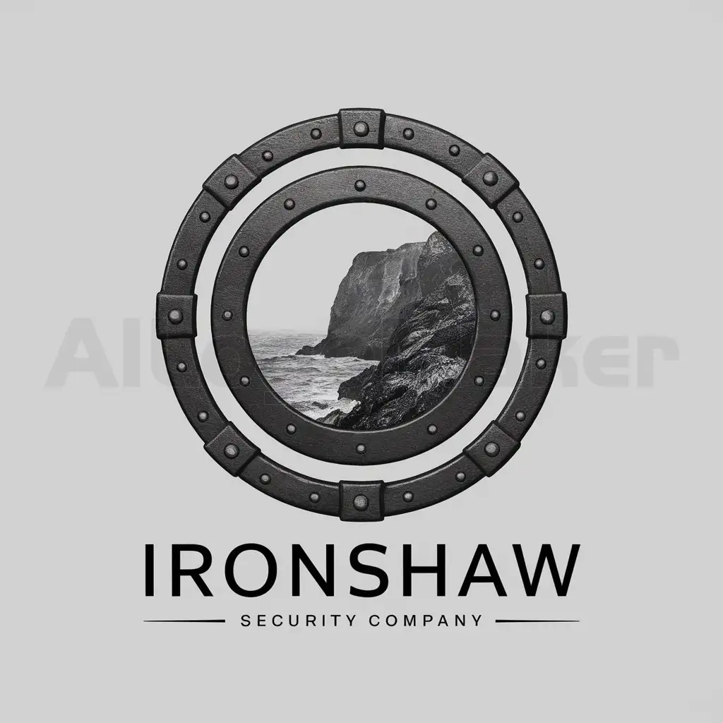 a logo design,with the text "Ironshaw", main symbol:a roundel made of rivetted iron encasing a rough and rugged sea cliff,complex,be used in security industry,clear background