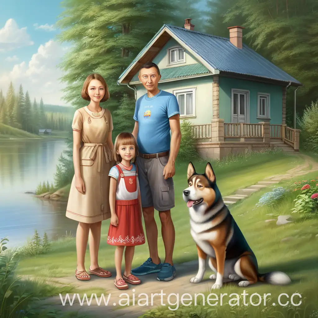 Дом возле реки Ангары папа, мама и их дочь Настенька, собачка