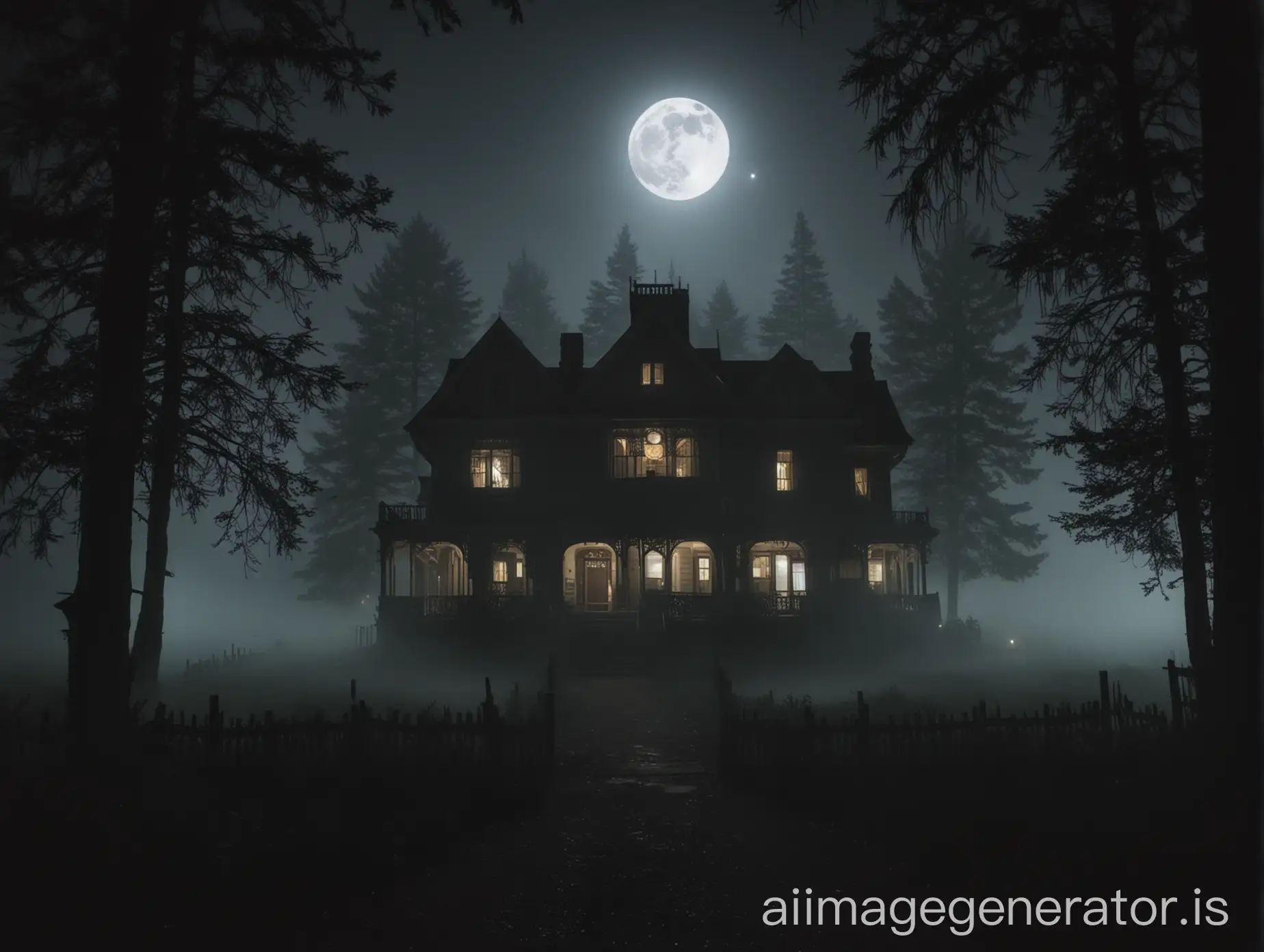 A dark, ominous image of Redwood Manor at night, with a full moon and fog surrounding it.