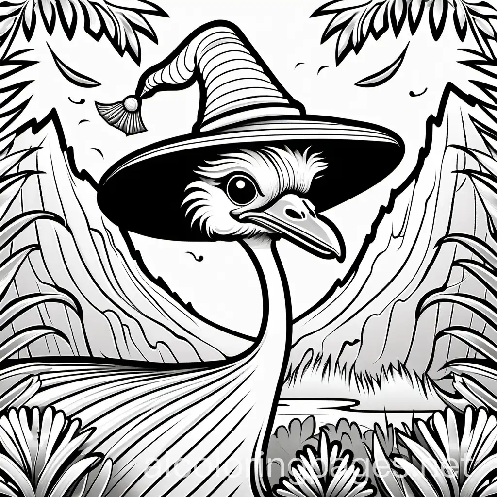 OSTRICH WEARING WIZARD HAT IN JUNGLE DETAILED, Coloring Page, black and white, line art, white background, Simplicity, Ample White Space. The background of the coloring page is plain white to make it easy for young children to color within the lines. The outlines of all the subjects are easy to distinguish, making it simple for kids to color without too much difficulty
