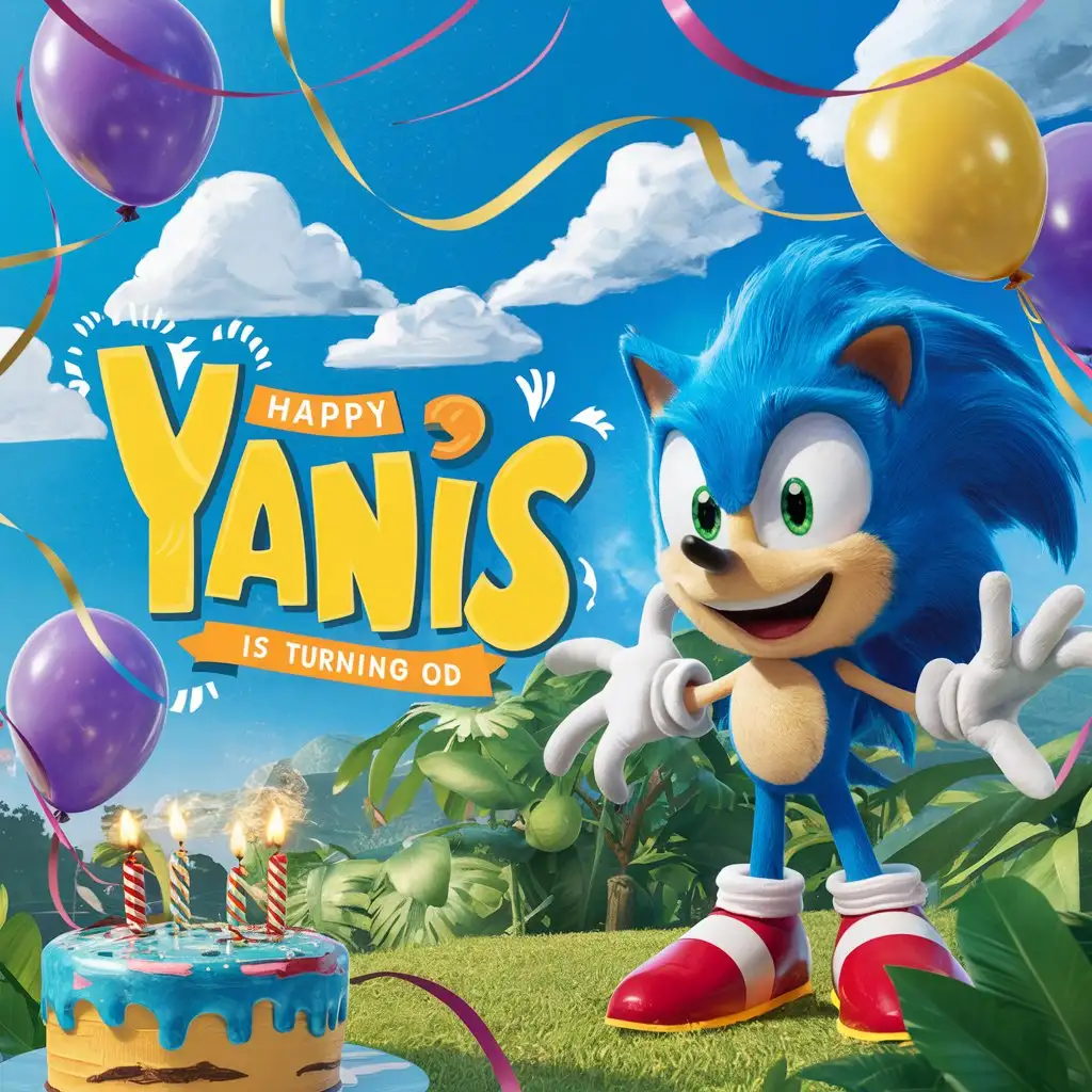 image de super sonic, de JOYEUX ANNIVERSAIRE à YANIS pour ses 7 ANS fond avec ciel bleu image et verdure