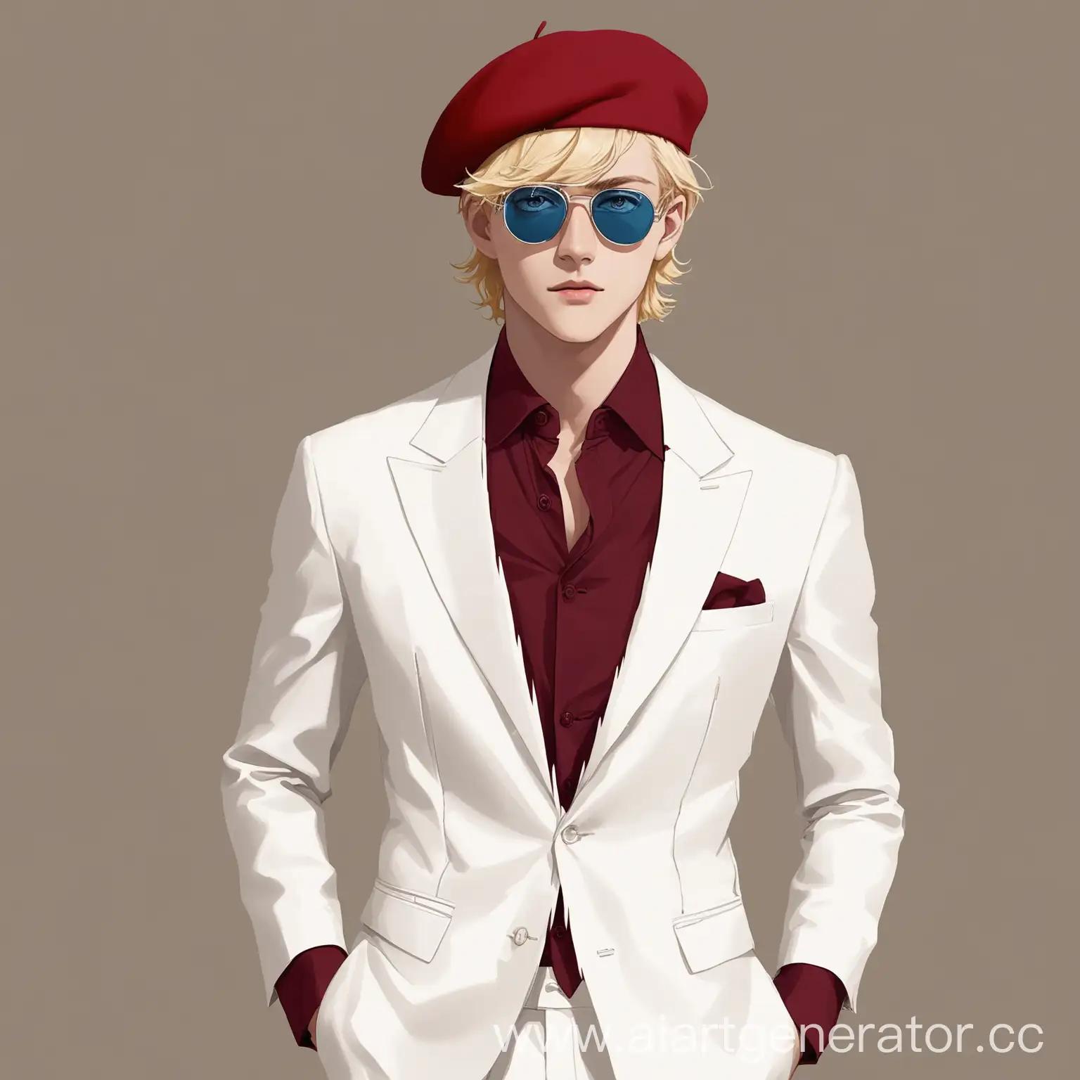 Stylish-Blonde-Man-in-White-Suit-and-Red-Beret-with-Sunglasses