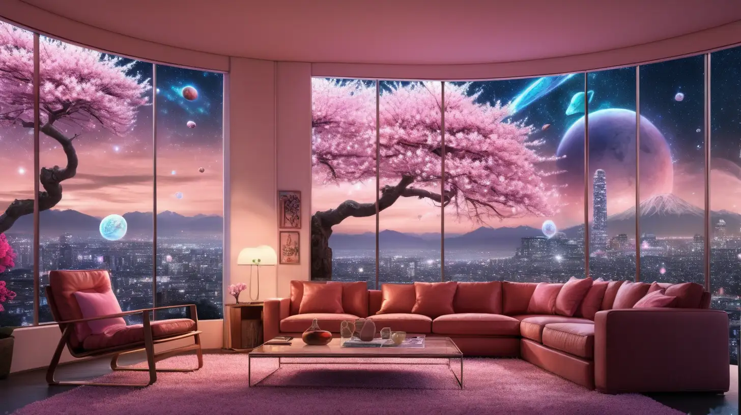 Magical Cherry Blossom Skyline Living Room with Glowing Mushrooms