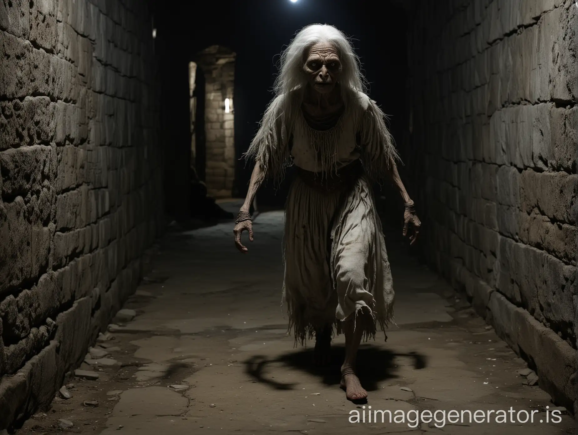 Little old and creepy female creature in Turkish mythology walking at the basement of the house. BCE 300. Black background.