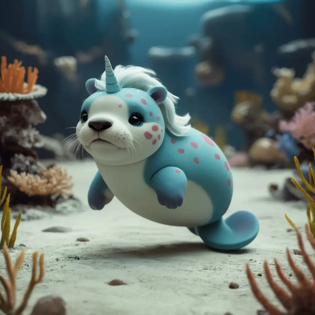 a small, cute, colorful, blue, smooth, exotic, unicorn manatee otter creature character with spots and a mane in the style of Pixar 