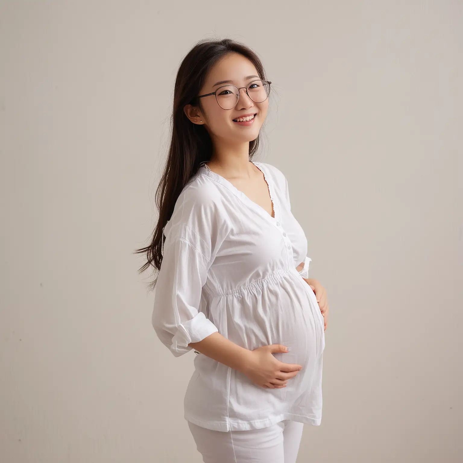 Chinese girl, pregnant, bulged belly, wearing white clothes, wearing glasses, long hair, sunny smile, side profile